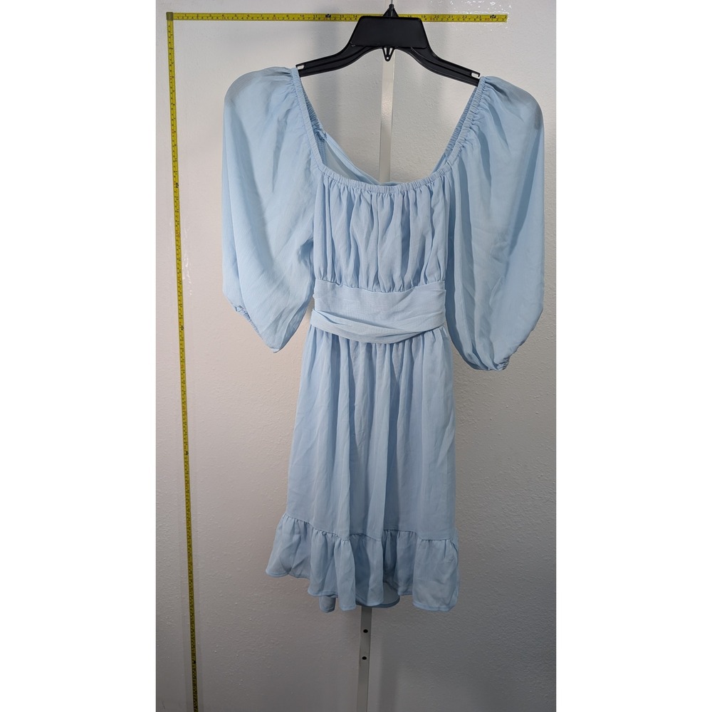 Light Blue Puff Sleeve Mini Dress Tie‎ Back Smocked Ruffle Hem Size Small